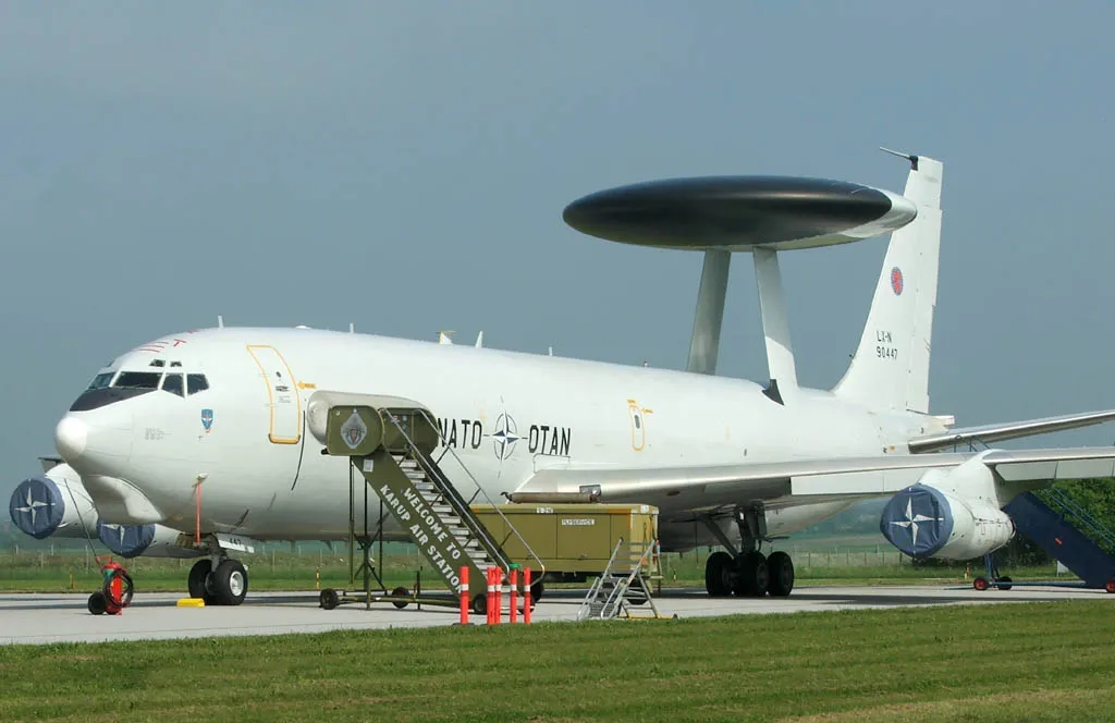 A NATO Boeing E-3 Sentry AWACS aircraft on the ground at Skrydstrup Air Base, Denmark, in 2006.