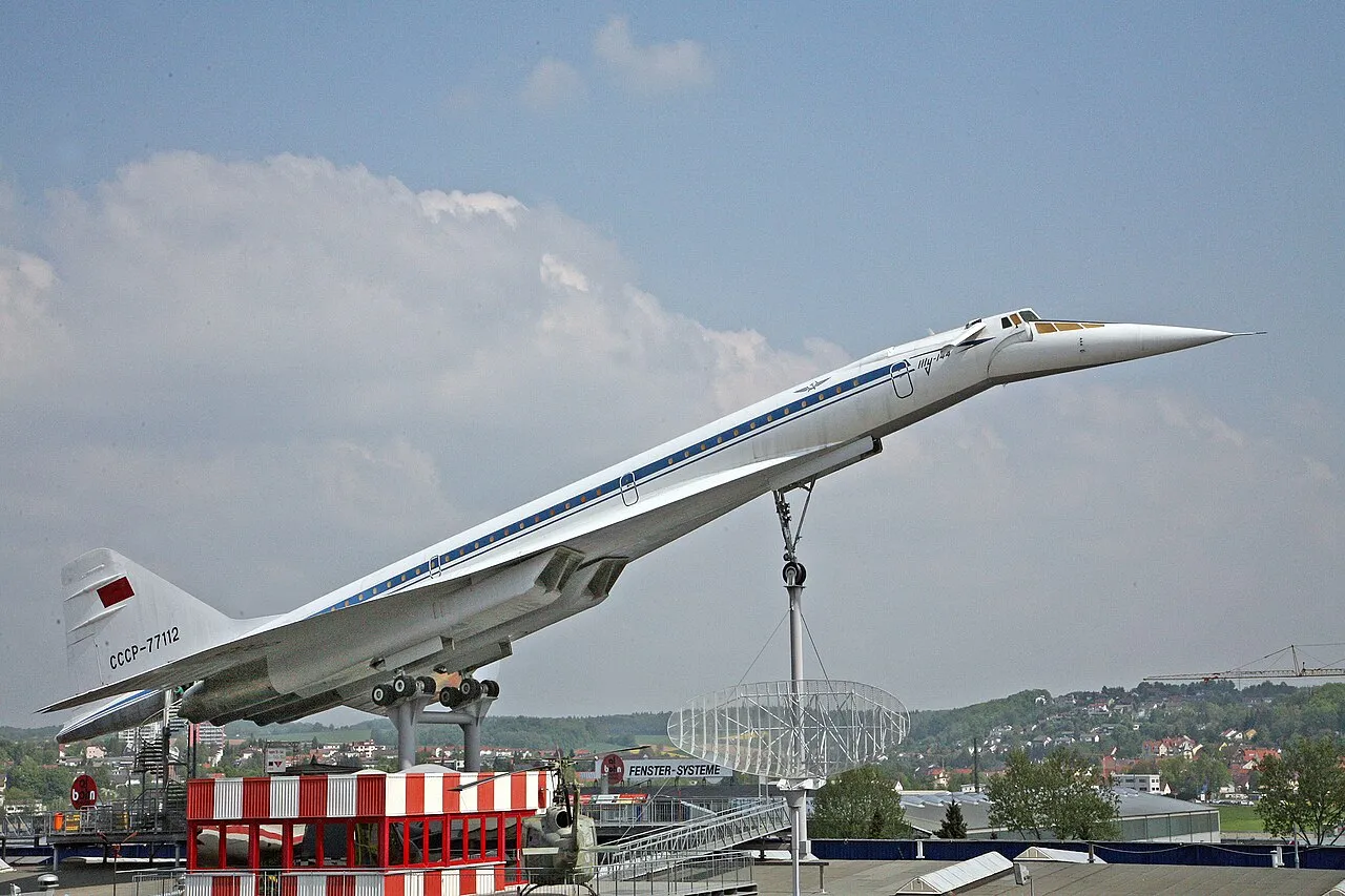 A Tupolev Tu-144, the world's first supersonic airliner, on display at the Technik Museum Sinsheim in Germany.