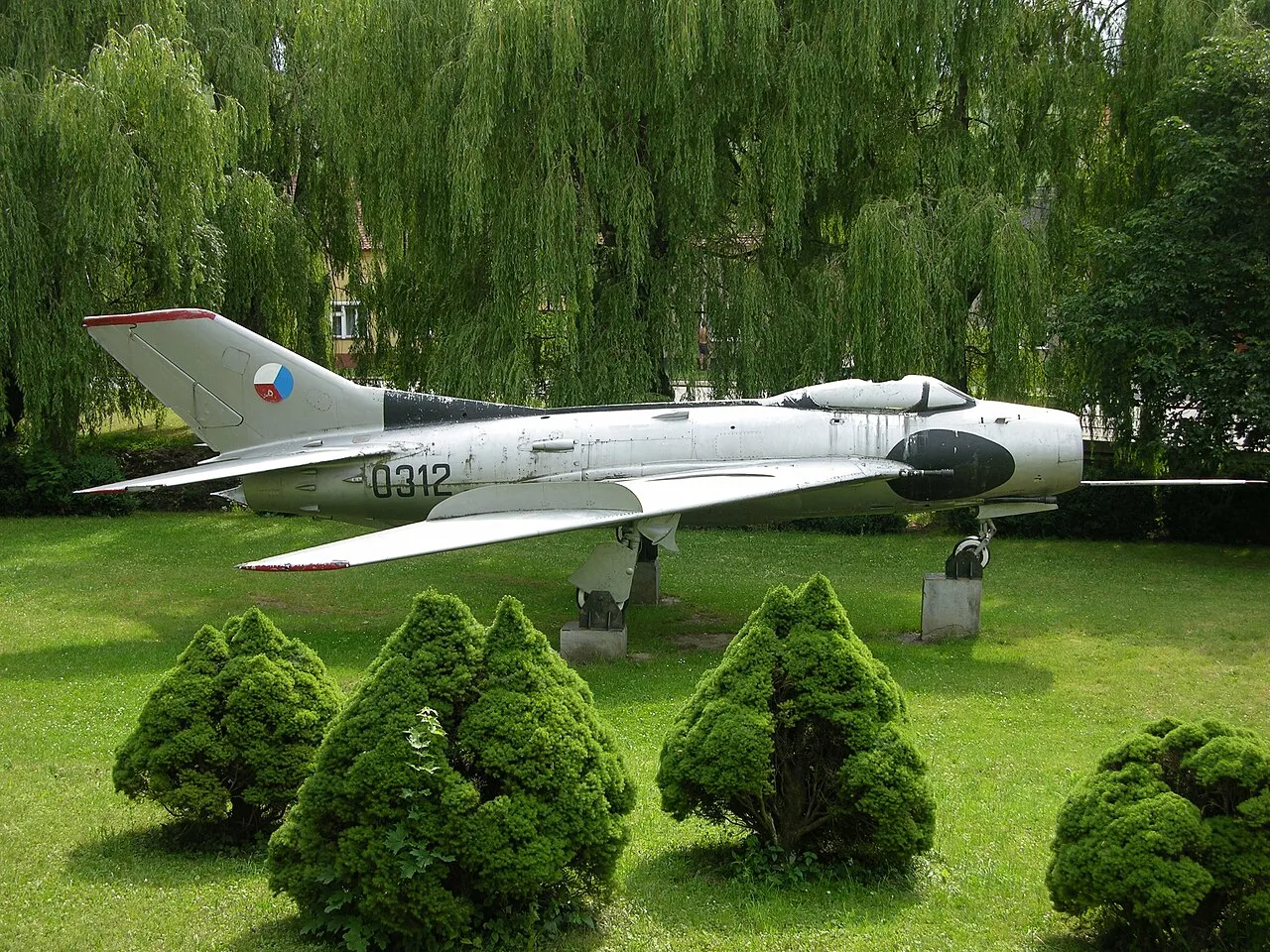 A preserved MiG-19S fighter jet on static display at Horní Němčí, Czech Republic.