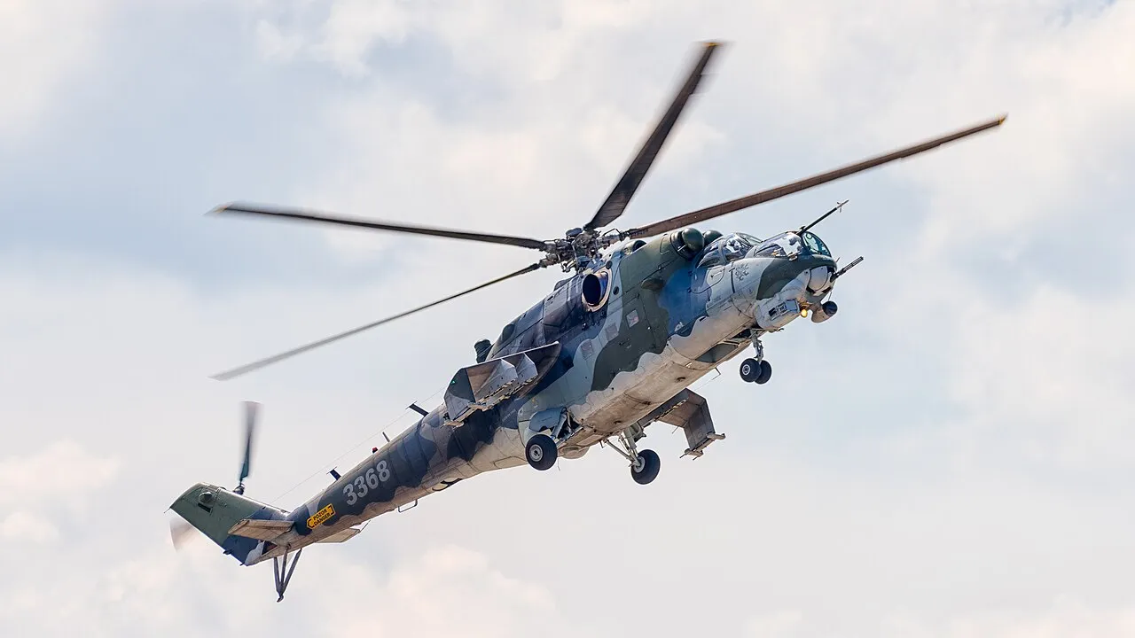 A Czech Air Force Mil Mi-24V attack helicopter in flight at the ILA Berlin Air Show, 2016.