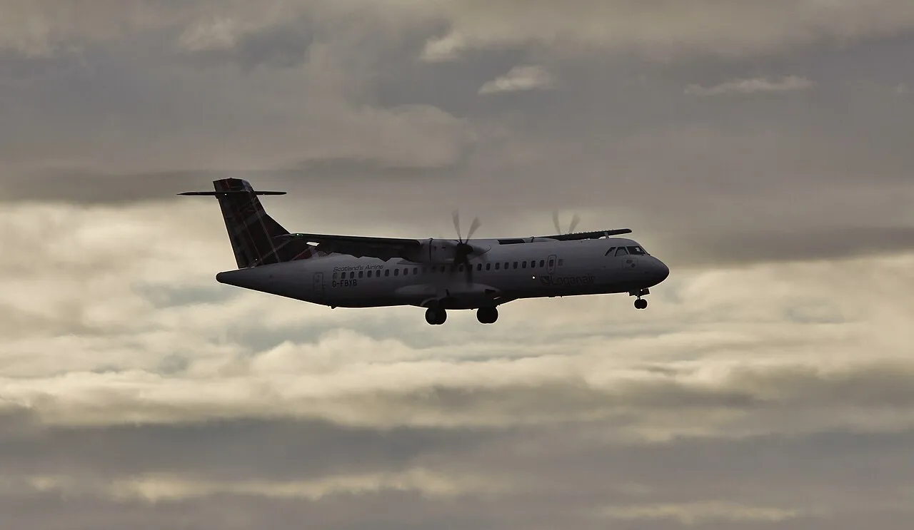 An ATR 72 regional turboprop airliner landing at Sumburgh Airport, Shetland Islands.