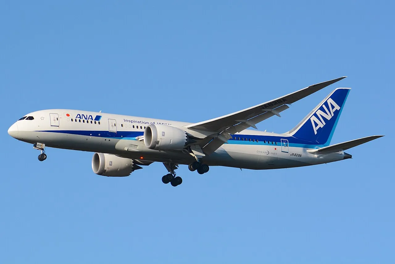 An All Nippon Airways Boeing 787-8 on the ground at Narita International Airport.