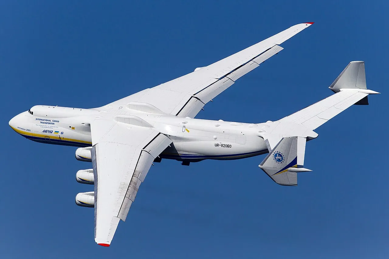 The sole Antonov An-225 Mriya, registration UR-82060, banking in flight over Hostomel airport