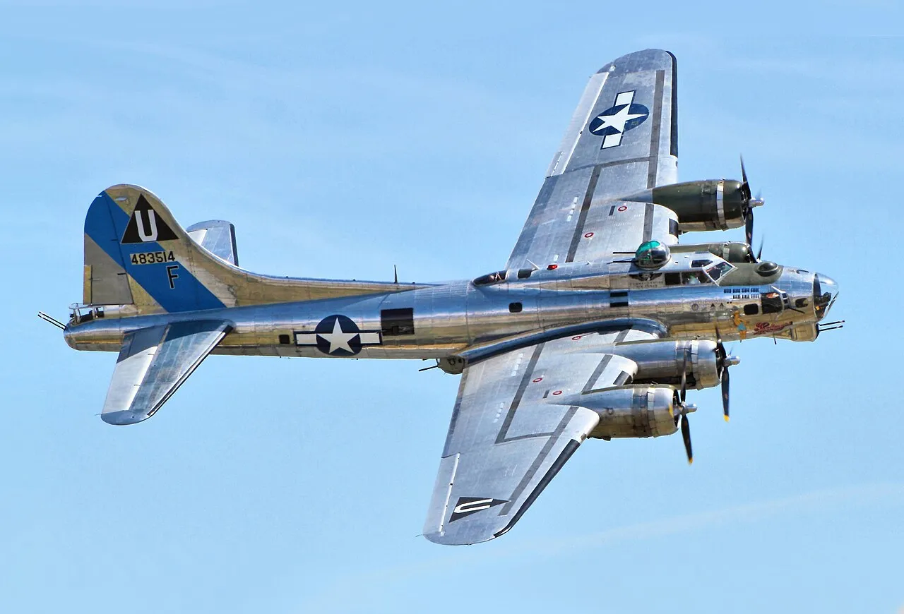 A restored B-17G Flying Fortress, Sentimental Journey, flying at the 2014 Chino Airshow.