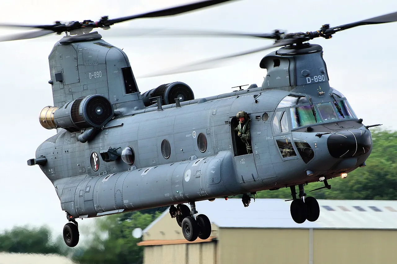 A Boeing CH-47 Chinook tandem-rotor helicopter (serial D-890) in Royal Netherlands Air Force markings, on display at RIAT 2015.