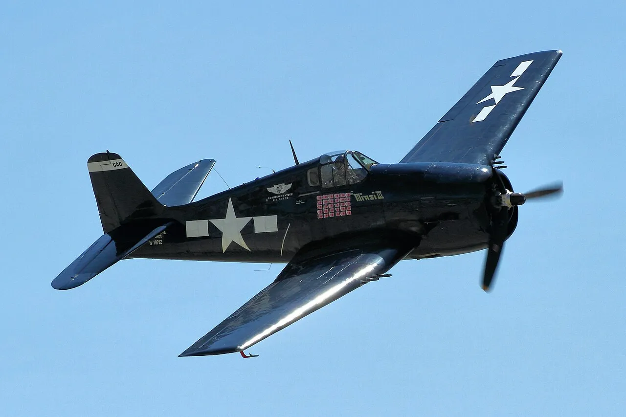 A restored Grumman F6F Hellcat fighter aircraft on static display at Chino Airshow 2014