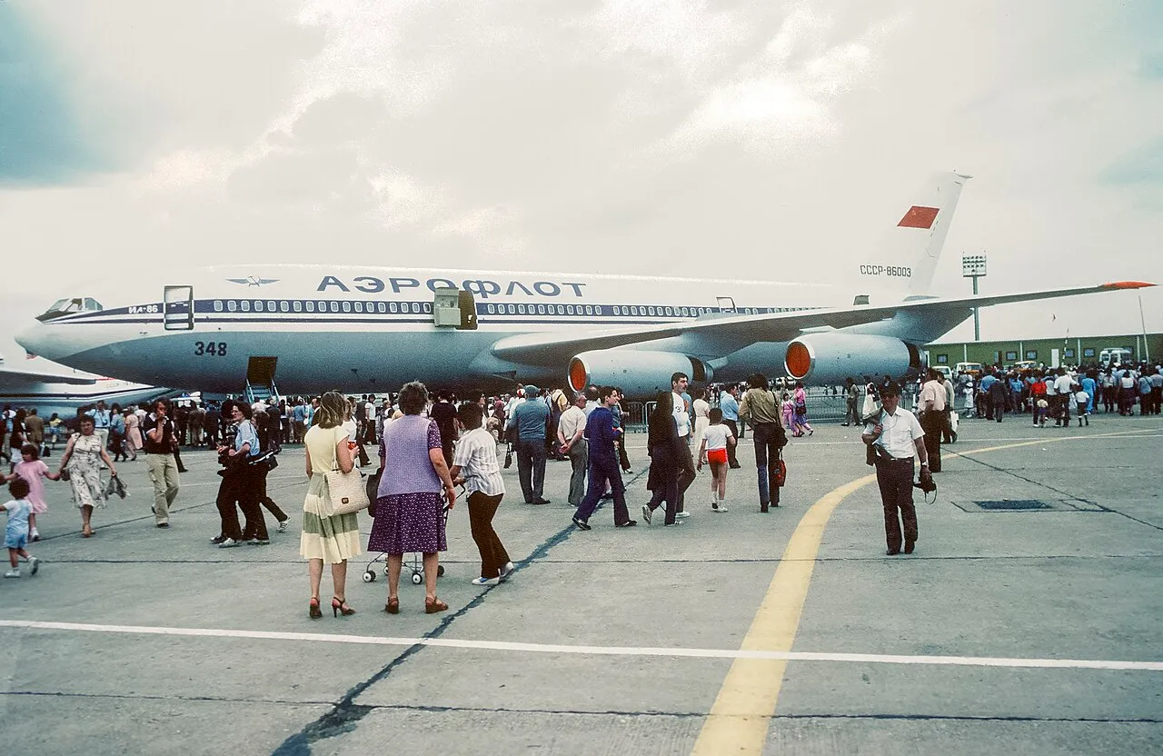 An Aeroflot Ilyushin Il-86, registration CCCP-86003, parked at the 1981 Paris Air Show at Le Bourget.