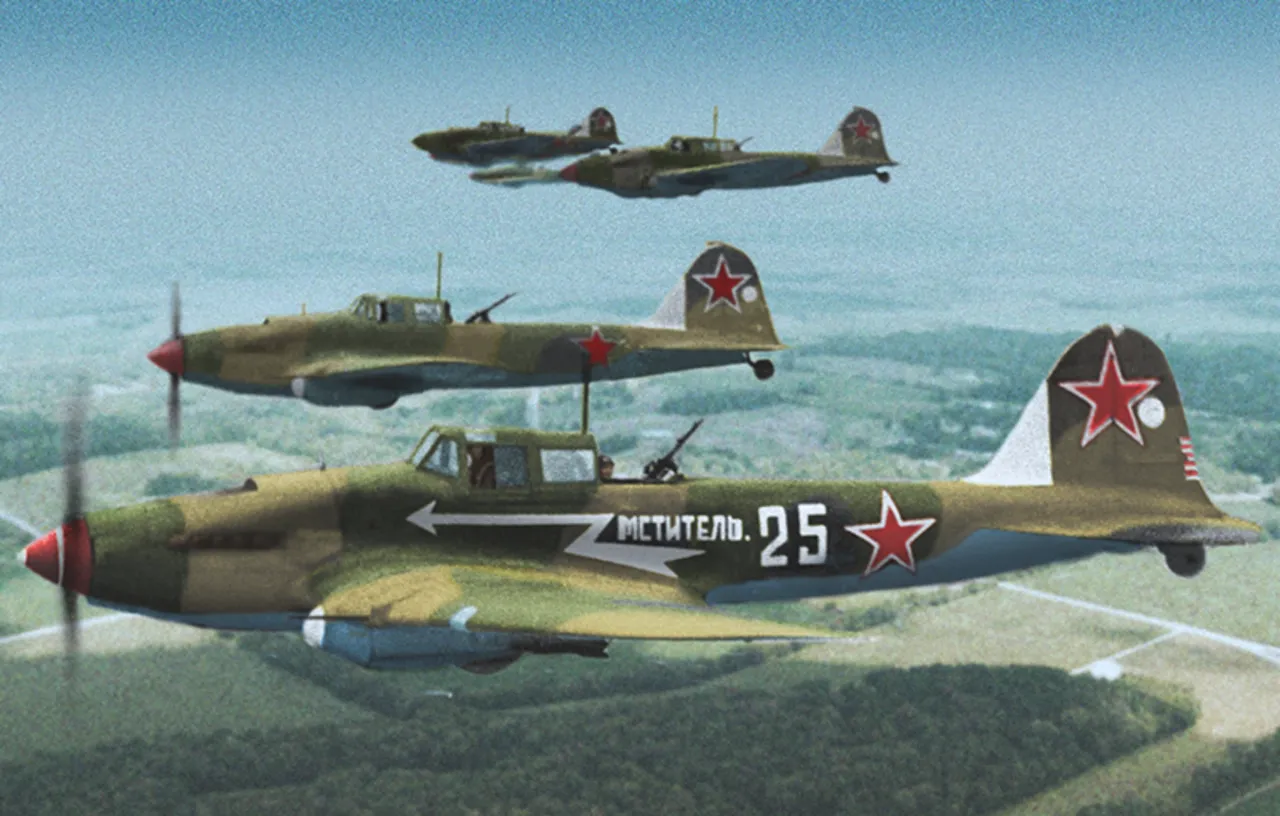 An Ilyushin Il-2M3 ground-attack aircraft flying over Berlin on 30 May 1945.