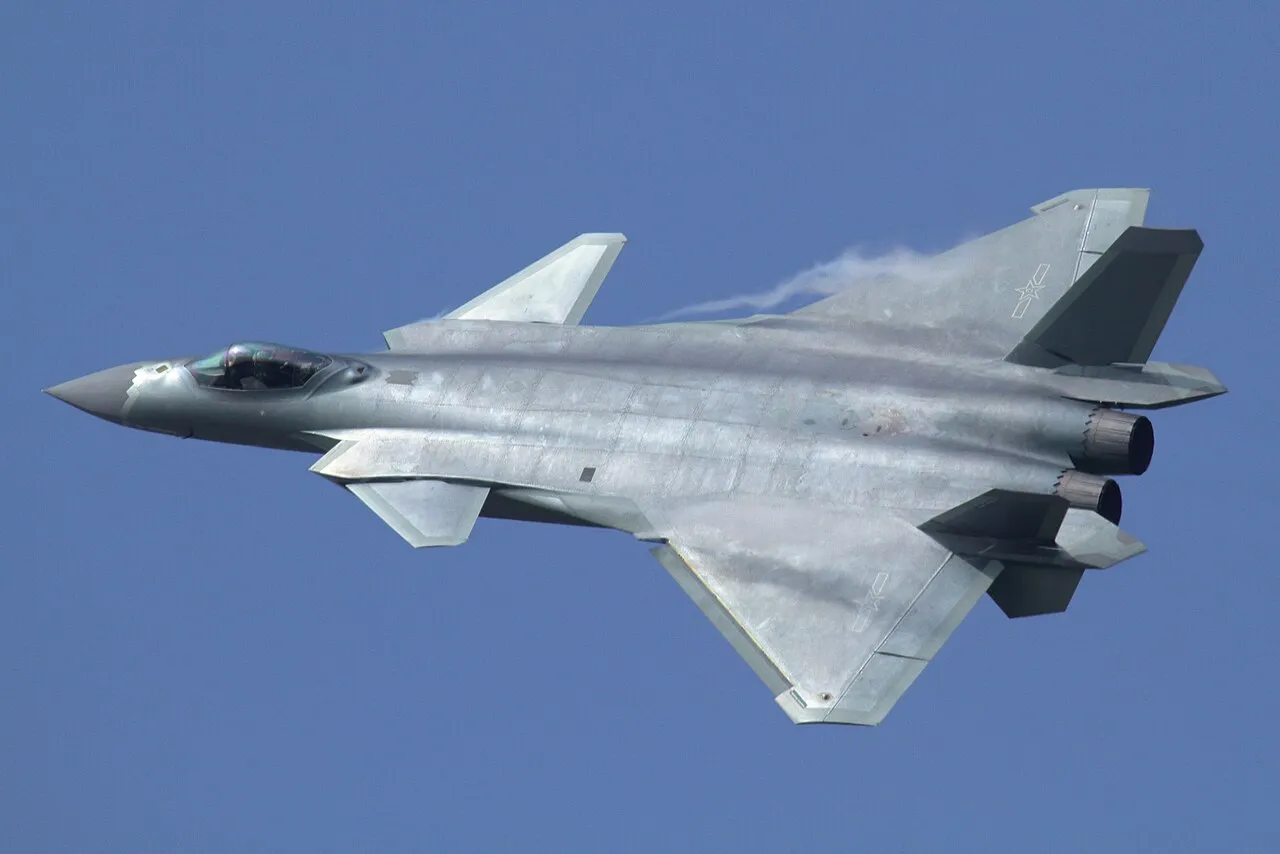 A Chengdu J-20 stealth fighter in flight during a flypast at Airshow China in Zhuhai.