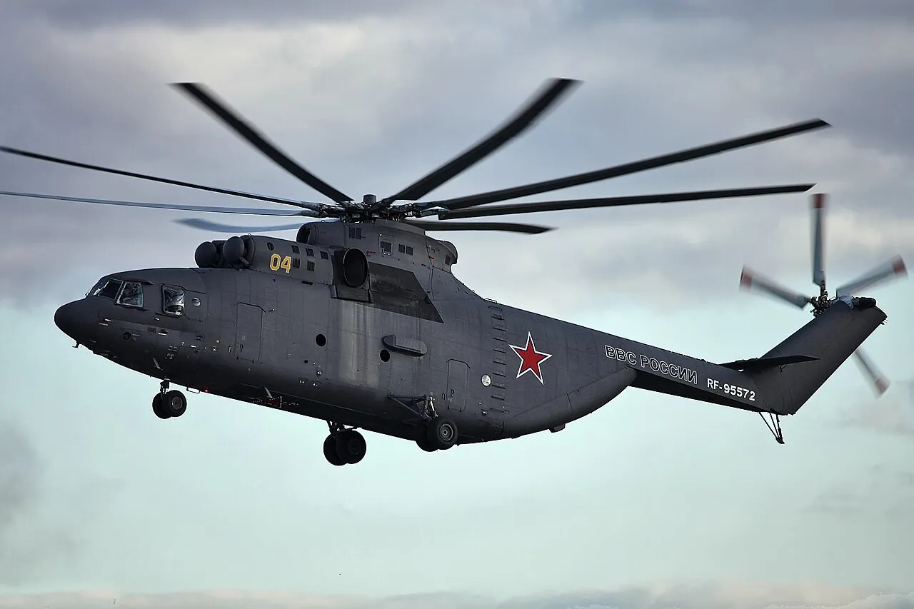 A Mil Mi-26 heavy-lift helicopter on the ground during a military demonstration at the MAKS Airshow 2013 near Moscow.
