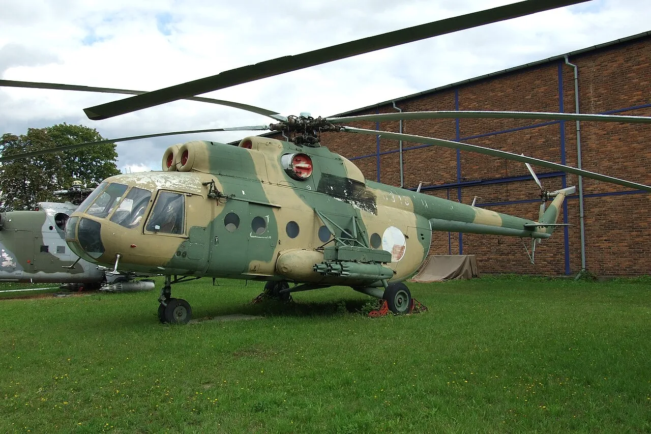A Mil Mi-8 helicopter in former Czechoslovak army colours on display at the Kbely Aviation Museum.