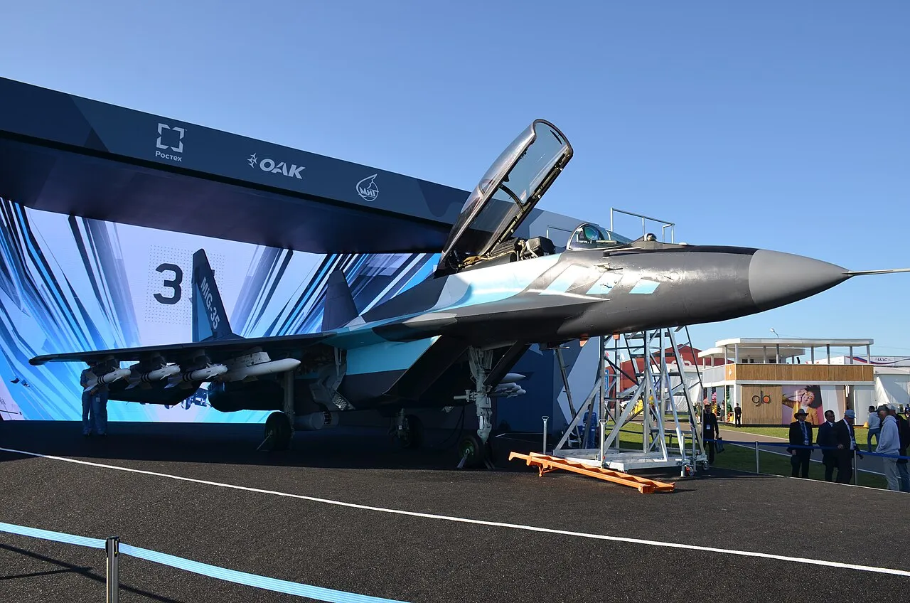 A MiG-35 prototype on display at the MAKS 2019 air show, seen from outside showing the full airframe.