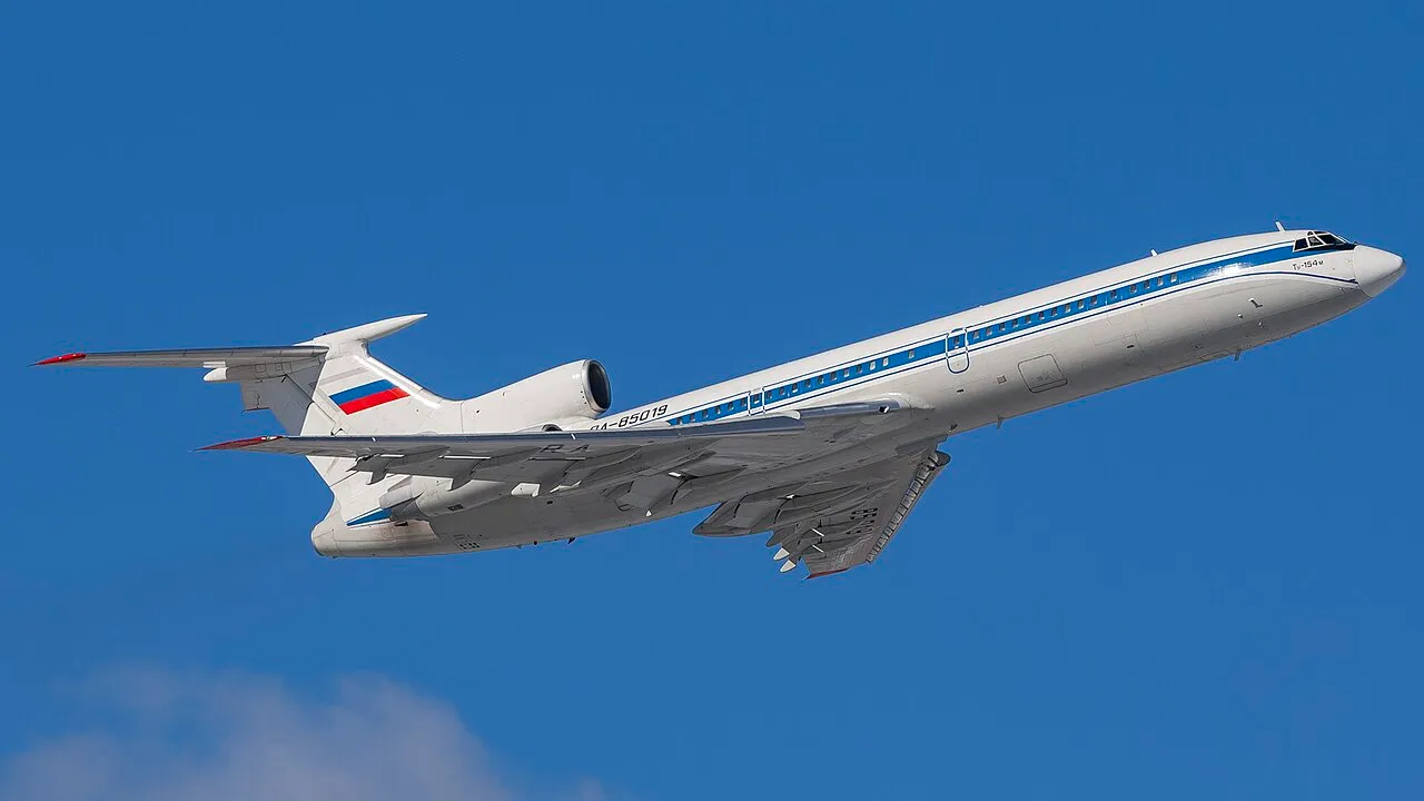 A Tupolev Tu-154M of the Russian government's Rossiya special flight squadron on the ground at an airport.