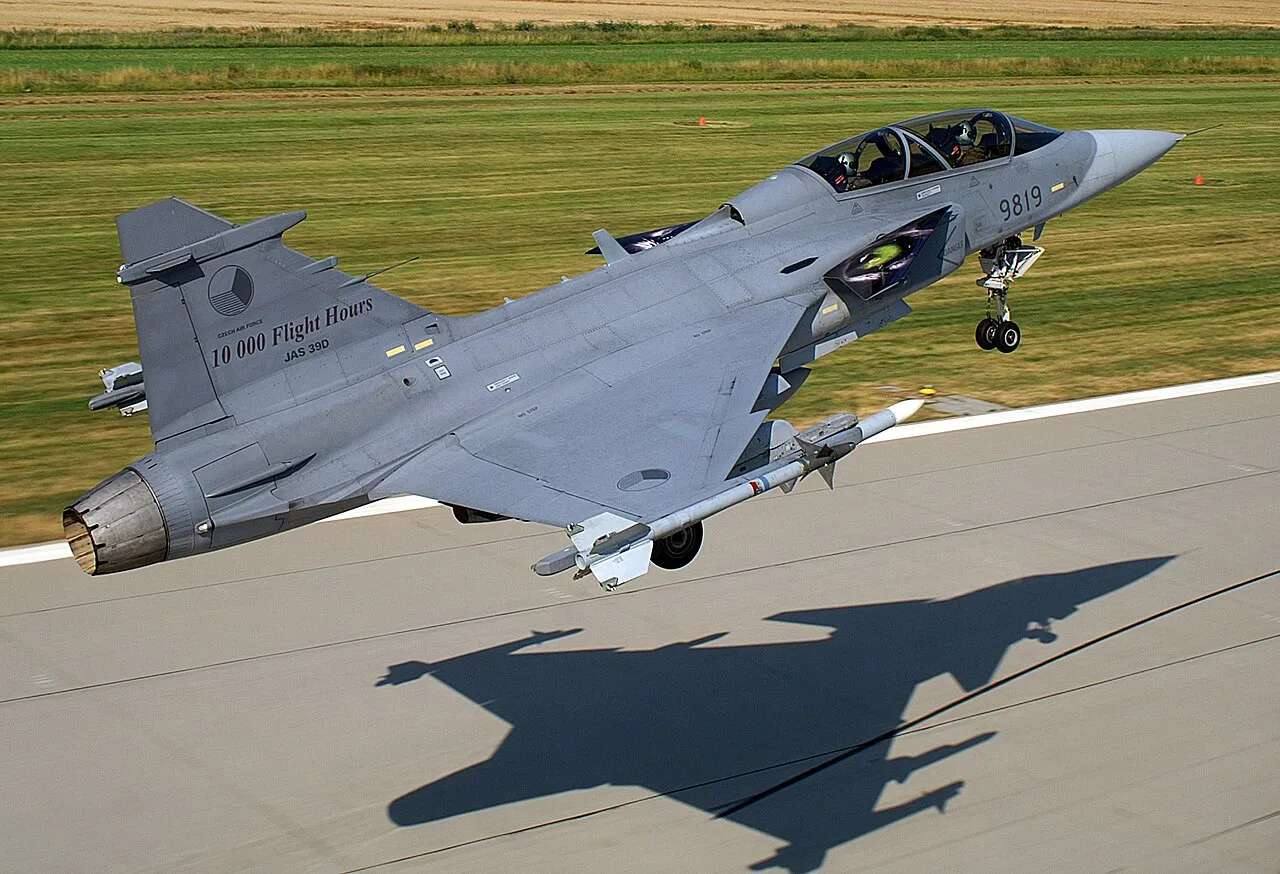A Saab JAS 39 Gripen of the Czech Air Force taking off from Čáslav air base.
