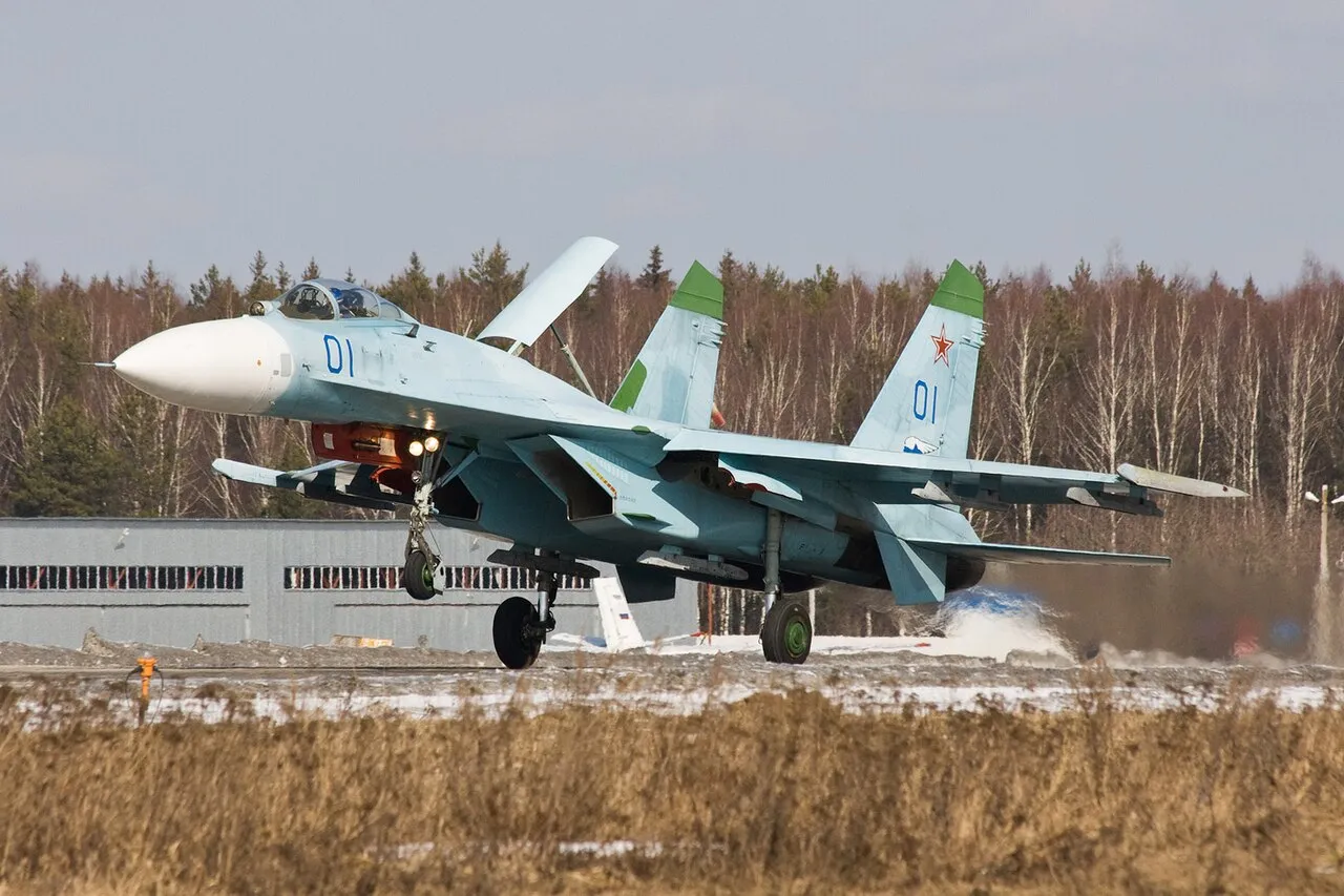 A Sukhoi Su-27 fighter of the Russian Knights aerobatic team coming in to land at Kubinka air base.