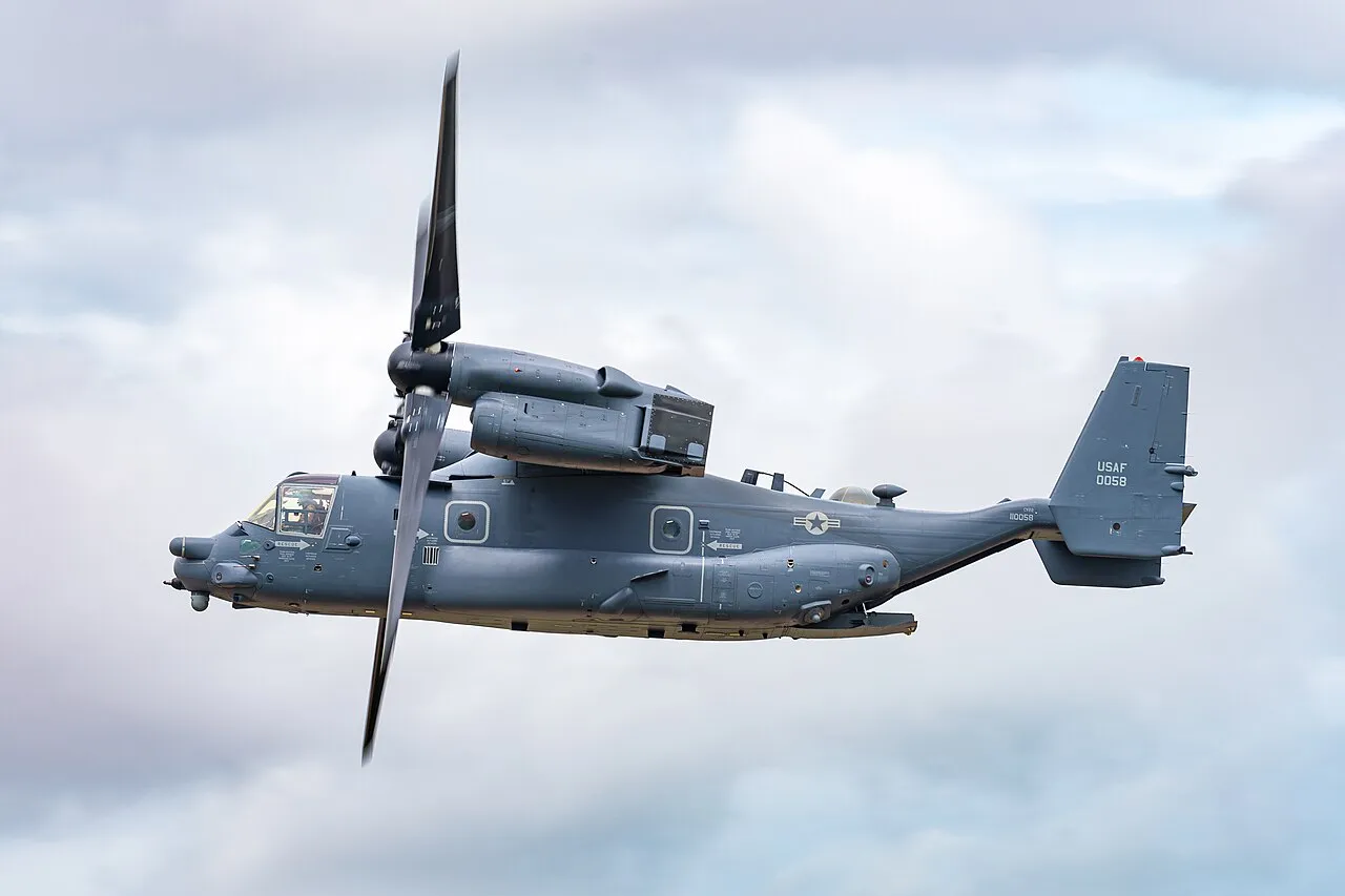 A US Air Force CV-22B Osprey, a tiltrotor variant of the V-22, on static display at the Royal International Air Tattoo in 2023.