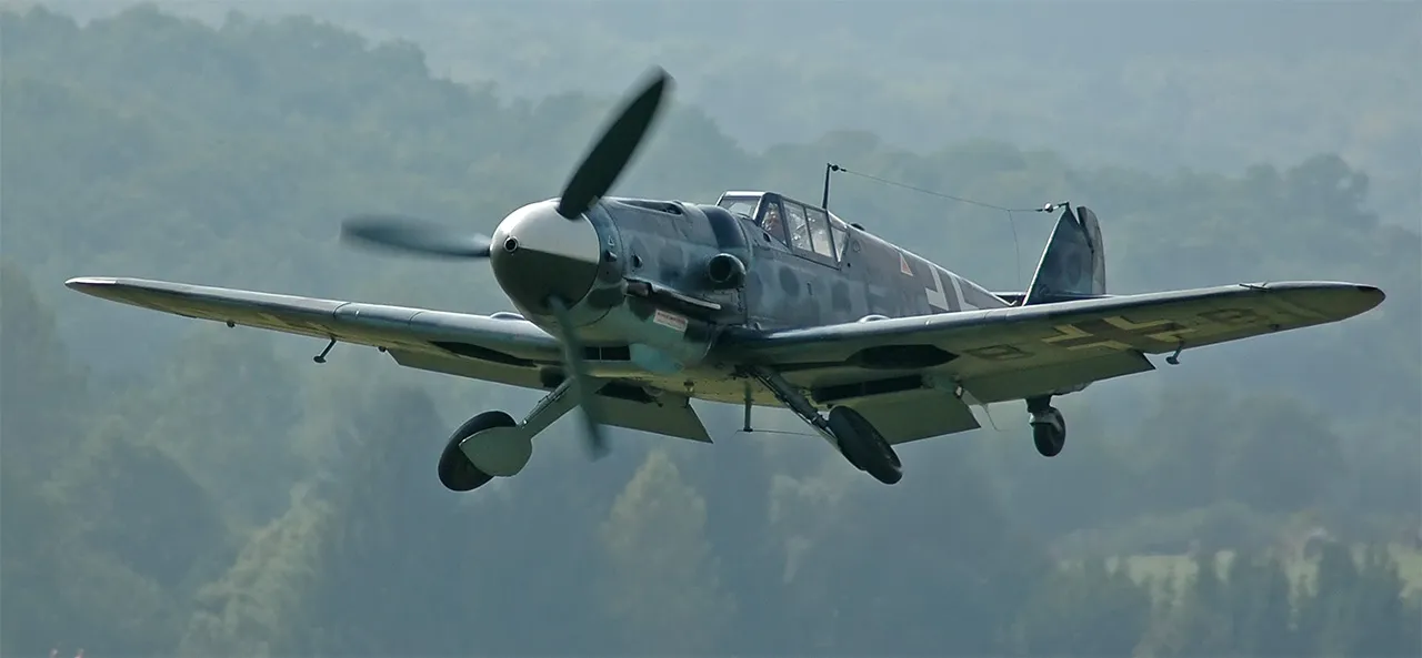 A restored Messerschmitt Bf 109 G-6 (built under licence as a Hispano Aviacion HA-1112, re-engined with a Daimler-Benz DB 605) in flight, its wartime markings omitted under current German law.