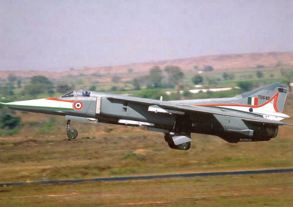 A Mikoyan MiG-27 ground-attack aircraft of the Indian Air Force taking off from an air base.