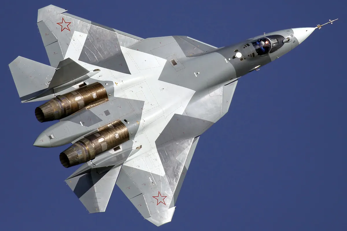 A Sukhoi Su-57 (T-50 prototype) stealth fighter on the ground at the MAKS 2011 airshow in Russia.