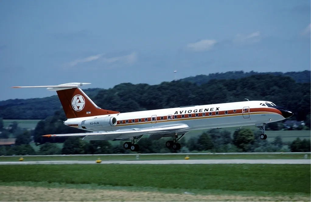 A Tupolev Tu-134 of Aviogenex taxiing at Zürich Airport.